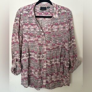 Anthropologie Maeve Women’s Pink Patterned Button Up Blouse Convertible Sleeves